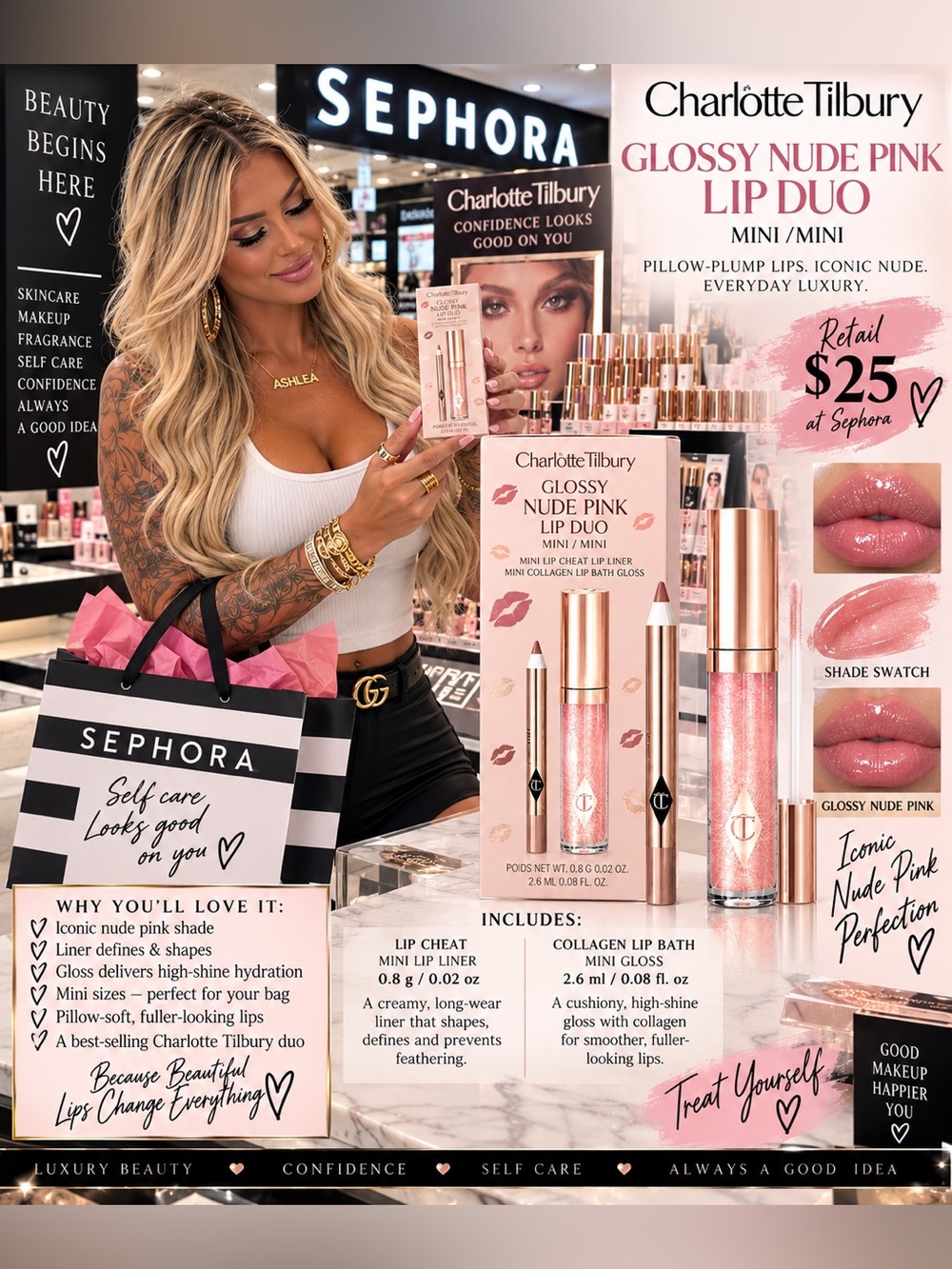 Charlotte Tilbury Glossy Nude Pink Lip Duo — Mini Lip Liner & Mini Lip Gloss